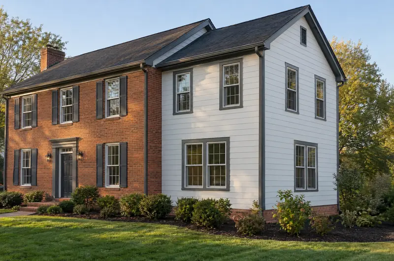 A finished two-story addition in white lap siding with gray trim, built onto the side of a red-brick colonial