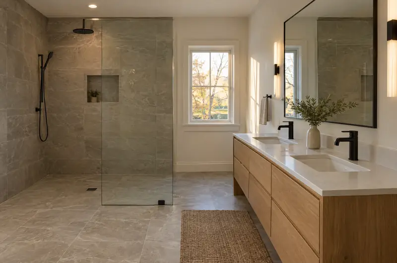 A remodeled primary bathroom with a curbless gray-tile shower behind a glass panel and a white oak double vanity
