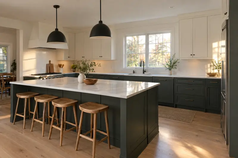 A renovated kitchen with charcoal-green lower cabinets, white uppers, a large quartz island with wooden stools and black pendant lights