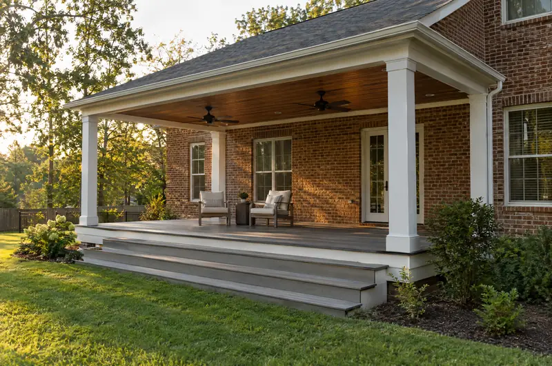 A new covered back porch on a brick house with a stained wood ceiling, two ceiling fans, white columns and gray decking