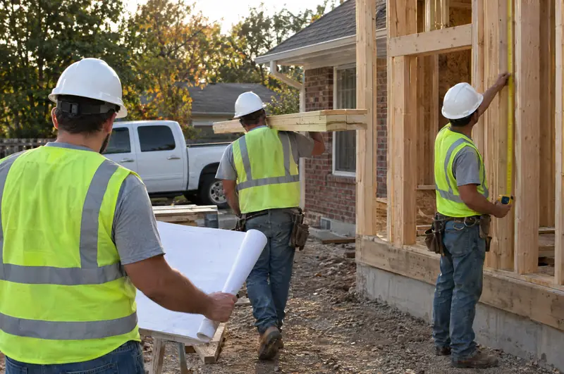 A small crew in hard hats and safety vests on a job site, one reading a rolled plan, one carrying lumber and one measuring a stud beside a framed addition