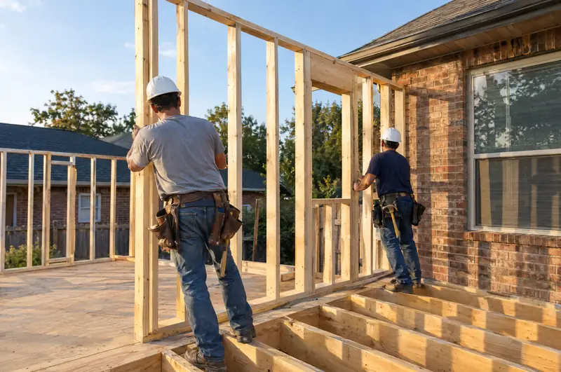 Two carpenters in hard hats, seen from behind, raise a framed wall for an addition next to a brick house
